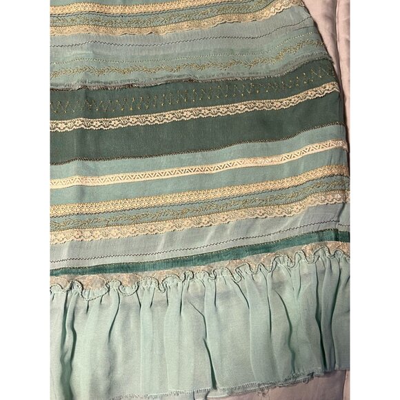 Odille Green & Cream Lace Ribbon Stripe Ruffle Skirt Anthropologie Gold Viscose - Picture 12 of 15